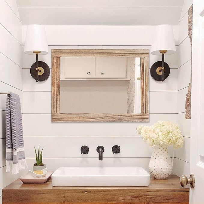 AAZZKANG Rustic Mirror for Wall with Rectangle Wood Framed Decorative Hanging Mirrorrs Large 26"x18"for Bedroom Bathroom Living Room Dressing Room