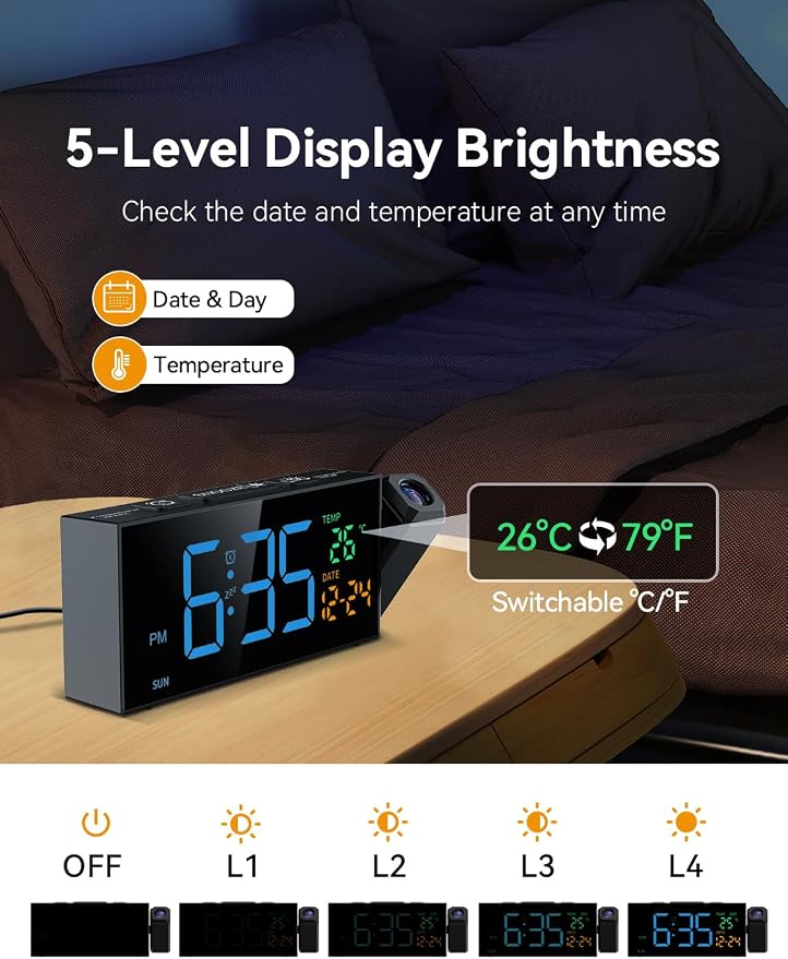 Netzu Projection Clock for Bedroom Ceiling, Digital Clocks with 180° Rotatable Projector, Date Temperature and Weekday Blue - Image 4