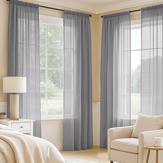 MIULEE Dark Grey Sheer Curtains 90 Inches Long, 4 Panels Set, Rod Pocket Light Filtering Window Drapes for Bedroom and Living Room, Elegant Airy Fabric, 42 x 90 Inches