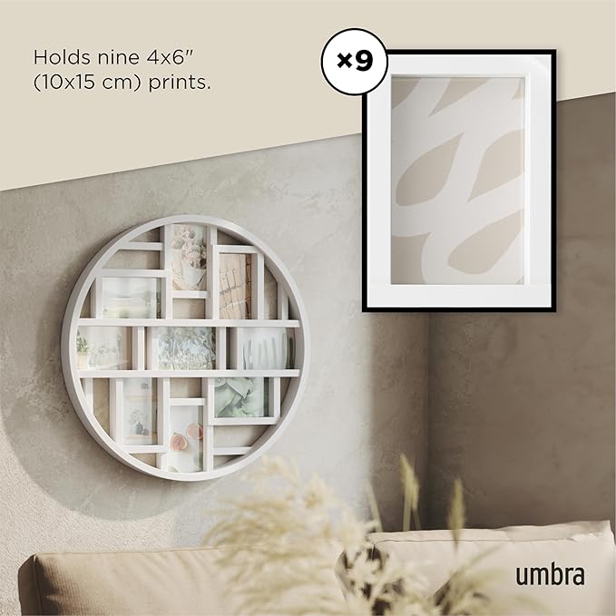 Umbra Luna Collage Picture Frame Holds Nine 4x6 Photos, Large 22-Inch Diameter, White