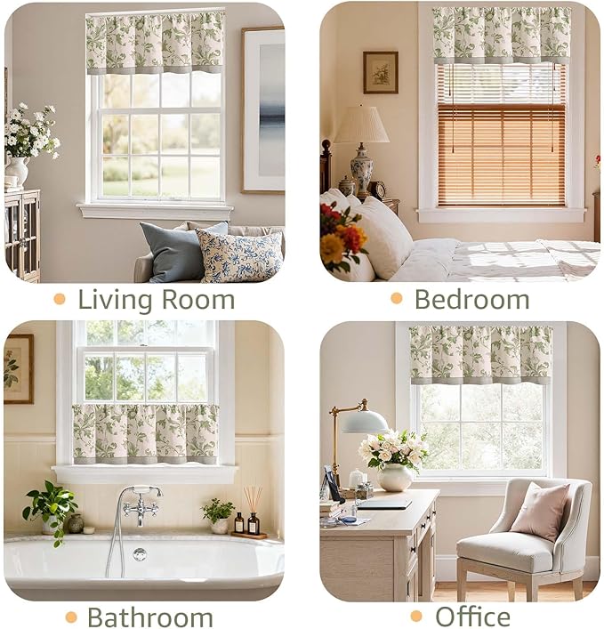jinchan Linen Valance Curtain Farmhouse Window Decor Floral Print for Kitchen Living Room Double Layer Blackout Valance 16 Inches Rustic Window Treatment 1 Panel Rod Pocket Green on Beige