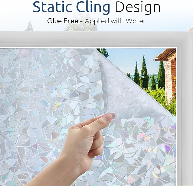 rabbitgoo Window Privacy Film Rainbow Film Decorative Window Sticker, 3D Static Stained Glass Cling Tint for Home Heat Control Non-Adhesive, Grayish Silver, 23.6 x 118.1 inches