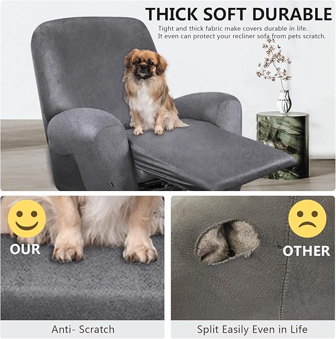 ANARACHON Recliner Chair Covers Leather Like, 4 Pieces Recliner Cover for Recliner Chair, Soft Sofa Slipcover Furniture Protector Washable Sofa Cover for Pets Kids (Light Grey)
