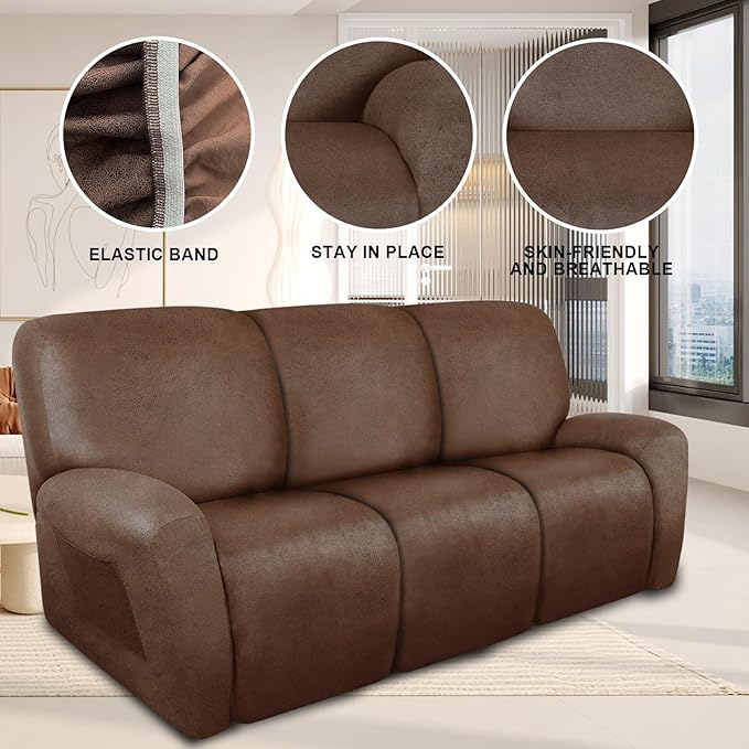ANARACHON Recliner Couch Cover Leather Look Recliner Sofa Covers for 3 Cushion Reclining Sofa Slipcovers 8-Pieces Furniture Protector Spandex Fabric Washable (3 Seater, 01 Brown)