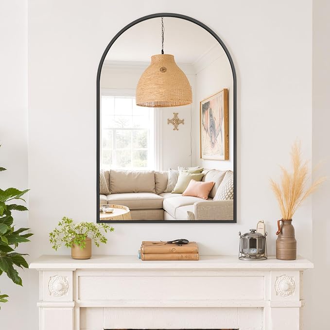 Arched Wall Mirror 38x26 Inch Black Bathroom Vanity Mirror with Metal Frame, Modern Arch Mirror for Bedroom, Living Room, Entryway, Wall Mounted Decorative Mirror