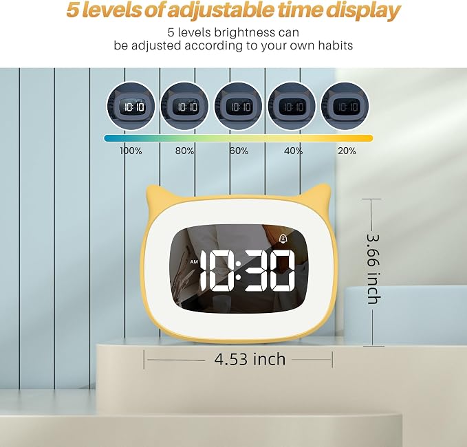 Cute Cat Ear Alarm Clock with Night Light for Bedroom,Yellow - Image 3