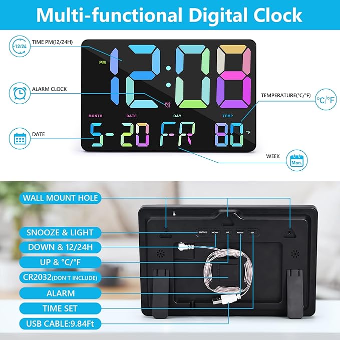 Amgico Digital Alarm Clock with Snooze, Temperature, Auto Dimming, 11.5" Large Display Calendar, Desk/Wall Clock for Bedroom, Living Room, Office, Home, Classroom,Elderly - Rainbow