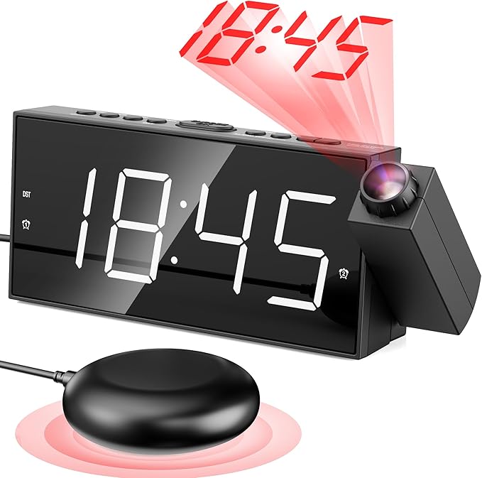 Mesqool Projection Alarm Clock with Loud Bed Shaker, Dual Alarms | 5-level Dimmer, USB charger, Snooze & DST, Loud Vibrating Alarm with Battery Backup, Perfect for Heavy Sleepers by Mesqool