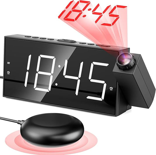 Mesqool Projection Alarm Clock with Loud Bed Shaker, Dual Alarms | 5-level Dimmer, USB charger, Snooze & DST, Loud Vibrating Alarm with Battery Backup, Perfect for Heavy Sleepers by Mesqool
