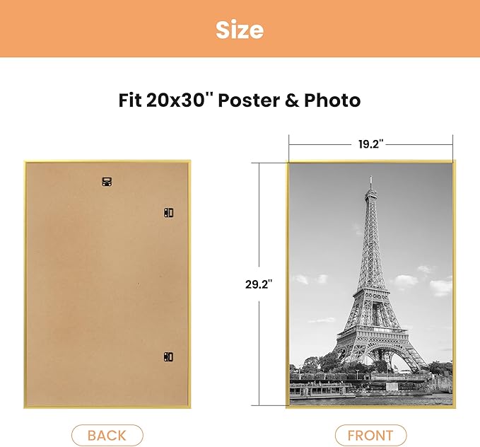 upsimples 20x30 Picture Frame Gold 3 Pack, Scratch-Proof Poster Frames 20 x 30 for Photo Gallery - Slide-In Strips, Horizontal or Vertical Wall Mounting