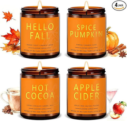 Fall Candles Set | 4 Pack Candles for Home Scented Natural Soy Wax, Autumn Gifts Set for Women Men, Fall Fragrance of Hellofall, Spice Pumpkin, Apple Cider, Hot Cocoa