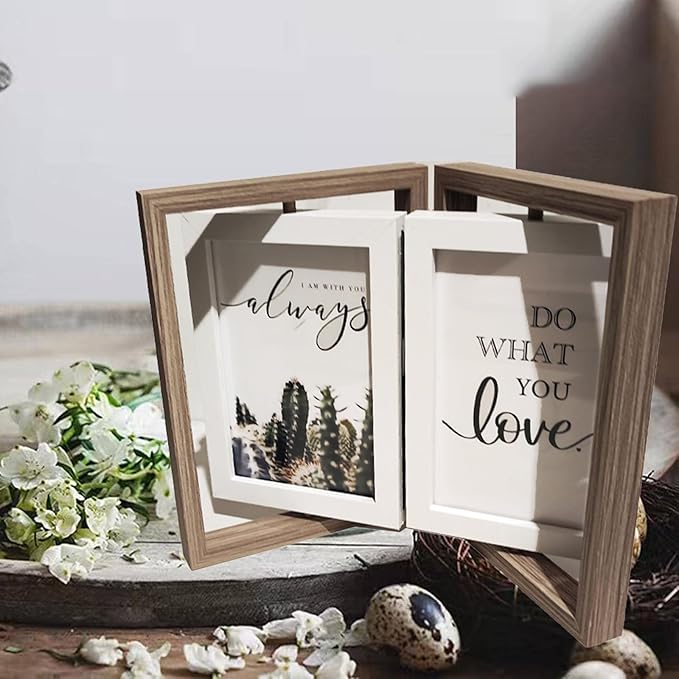 Wooden Hinged Double floating rotating Picture Frame for Photos, 4 * 6 5 * 7 vertical photo Natural Finish (grey color, 5 * 7in)