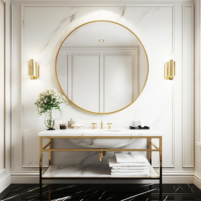 Sunniry Gold Round Mirror 30 inch, Large Circle Mirror, Round Wall Mirror Metal Frame, Gold Circle Mirrors for Wall, Bathroom, Living Room, Hallway.