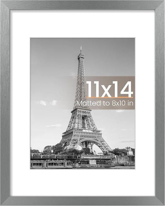 upsimples 11x14 Picture Frame, Display Pictures 8x10 with Mat or 11 x 14 Without, Wall Hanging Photo Frames, Metallic Gray, 1 Pack