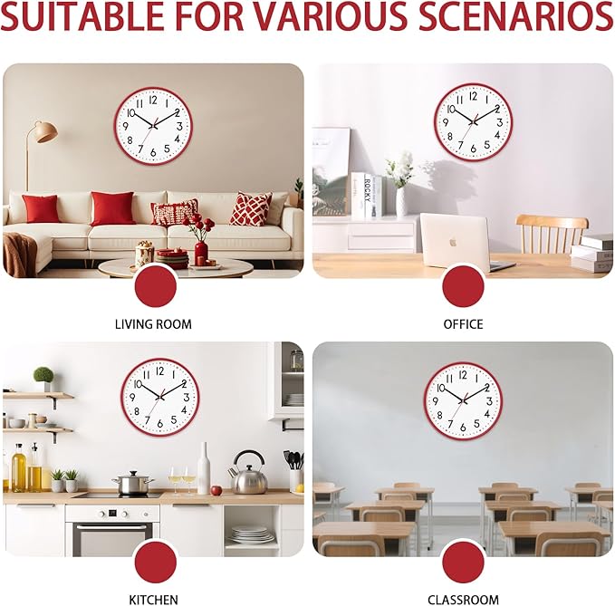 HZDHCLH Wall Clock Red,Silent Wall Clocks Battery Operated 12 Inch Modern Non Ticking Analog Clock Decorative for Kitchen Bedroom Living Room Office Classroom