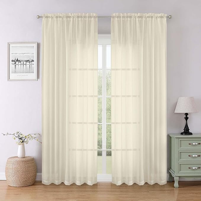 Lecloud Cream Sheer Curtains 84 Inches Long 2 Pcs, Dual Rod Pocket Breathable Rustic Living Room Curtains for Bedroom Dining Room, Home Decor Light Filtering Drapes, Each Panel 59" W x 84" L