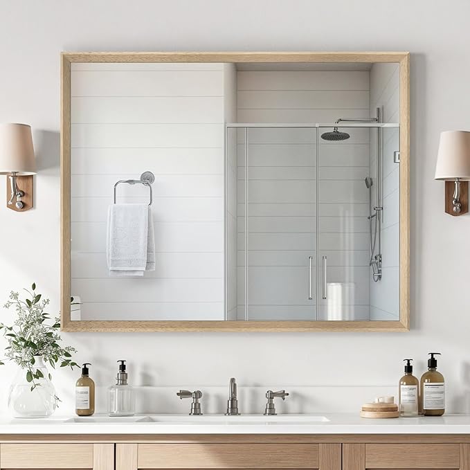 Oak Wood Effect Framed Wall Mirror, 32x40 Rectangle Mirror, Anti-desilvering Tempered Glass, Sustainable& Sturdy Frame, Farmhouse Mirror, Anti-Rust, 3min Fast Setup for Bathroom Living Room
