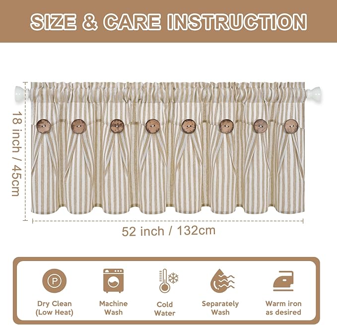 ASPMIZ Farmhouse Valances for Windows, Cotton Linen Kitchen Curtains Valances with Rustic Buttons, Khaki Striped Window Valance for Living Room, Boho Valance Curtains for Bathroom, 52 x 18 Inches