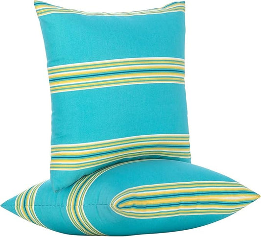 JMGBird Outdoor Pillows Set of 2 with Inserts - 18x18 Weather-Resistant Throw Pillows for Patio Furniture, Sky Blue Multi-Striped Decorative Cushions