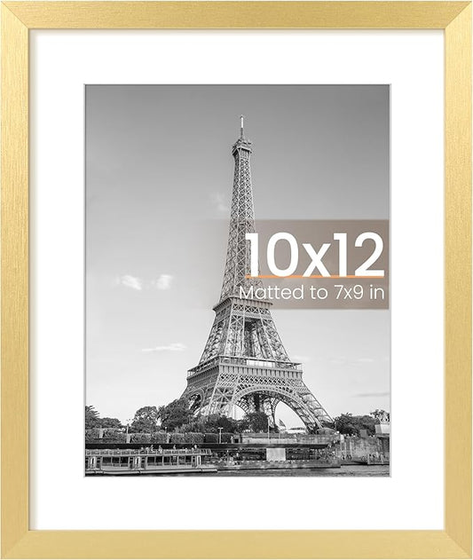 upsimples 10x12 Picture Frame, Display Pictures 7x9 with Mat or 10 x 12 Without, Wall Hanging Photo Frames, Gold, 1 Pack