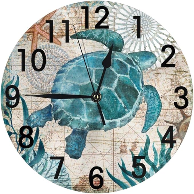 Blue Sea Turtle Nautical Map Retro Ocean Wall Clock Battery Operated Silent Non Ticking Round Clock Art Wall Decor for Home, Office, School 9.8 Inch