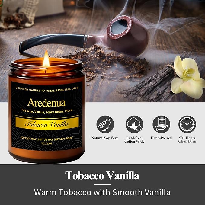 Tobacco Vanilla Candle - 7oz Soy Candle for Relaxation, Warm Masculine Scented Candle for Stress Relief, Cozy Home & Evening Gift - Hand Poured Candles Gift for Women & Men