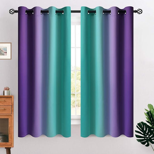 COSVIYA Grommet Ombre Room Darkening Curtains 63 inches Length for Kids/Girls Bedroom, Polyester Light Blocking Teal and Purple Gradient Window Drapes/Curtains for Living Room,2 Panels, 52x63 inches
