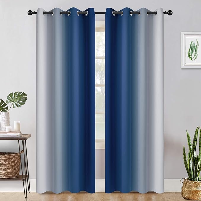 COSVIYA Grommet Ombre Room Darkening Curtains 96 inch Long, Blue and Grayish White Gradient Drapes Light Blocking Insulated Thermal Window Curtains for Bedroom/Living Room,2 Panels,52x96 inches