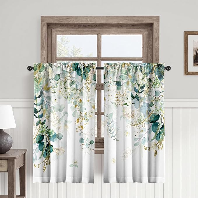 Green Eucalyptus Leaves Kitchen Curtains Elegant Wild Flower Curtains 39 Inches Sage Green Cafe Small Drapes White Floral Curtain for Bathroom RV Camper Light Filtering Rod Pocket 2 Panels