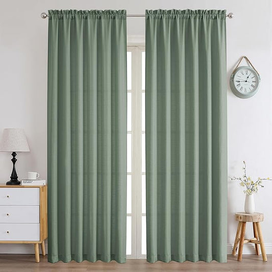 Chyhomenyc Sage Green Curtains 96 Inch Length 2 Panels Set, Faux Linen Textured Semi Light Filtering Soft Airy Farmhouse Window Curtain Drapes for Living Room Bedroom, 50Wx96L