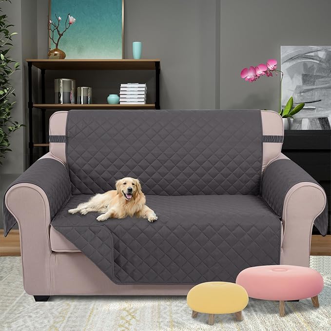 U-NICE HOME Loveseat Sofa Cover Reversible Couch Cover for Dogs with Elastic Straps Water Resistant Furniture Protector for Pets Couch Cover for 2 Cushion Couch (Loveseat, Dark Grey/Dark Grey)