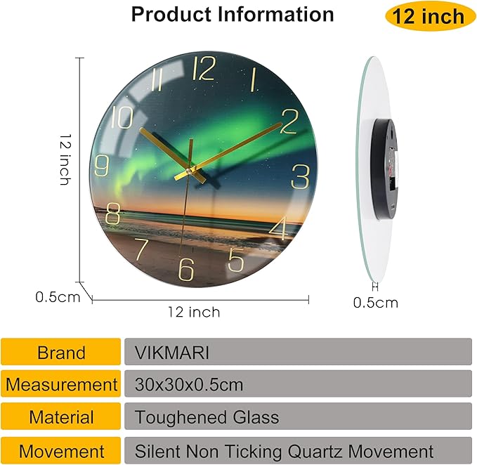 VIKMARI 12 Inch Modern Wall Clock, Aesthetic Black and Gold Decor Accessories, Unusual Silent Non Ticking Aurora Clocks for Living Room/Kitchen/Bedroom/Bathroom/Office (Glass)