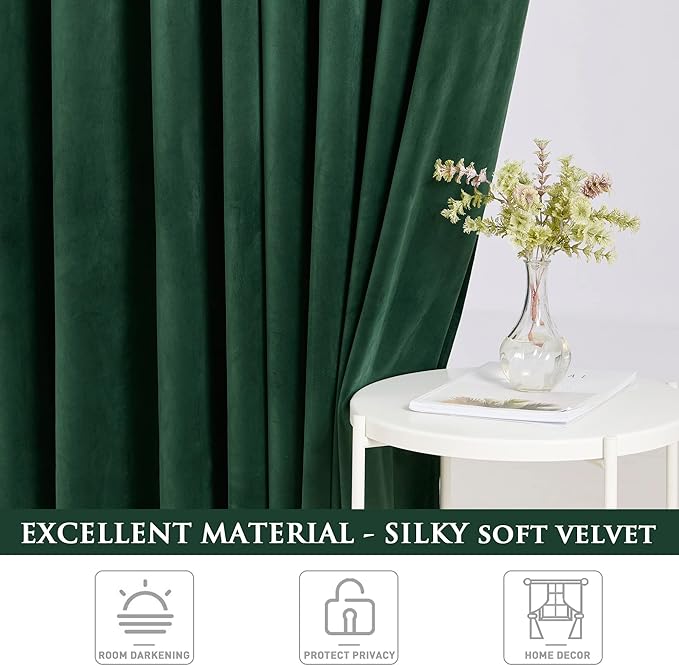 StangH 62 inches Wide Velvet Curtains -Thick Grommet Door Curtains Privacy Protection for Wardrobe/Closet Luxury Window Drapes Thermal Insulated for Porch/Patio, Dark Green, W62 x L90, 2 Panels