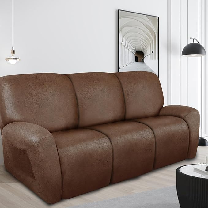 ANARACHON Recliner Couch Cover Leather Look Recliner Sofa Covers for 3 Cushion Reclining Sofa Slipcovers 8-Pieces Furniture Protector Spandex Fabric Washable (3 Seater, 01 Brown)