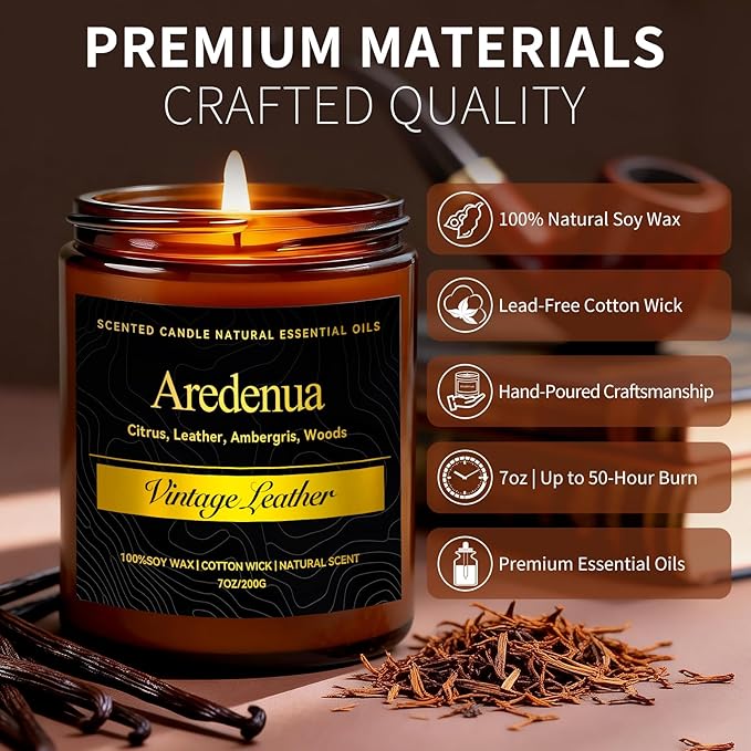 Tobacco Vanilla Candle - 7oz Soy Candle for Relaxation, Warm Masculine Scented Candle for Stress Relief, Cozy Home & Evening Gift - Hand Poured Candles Gift for Women & Men