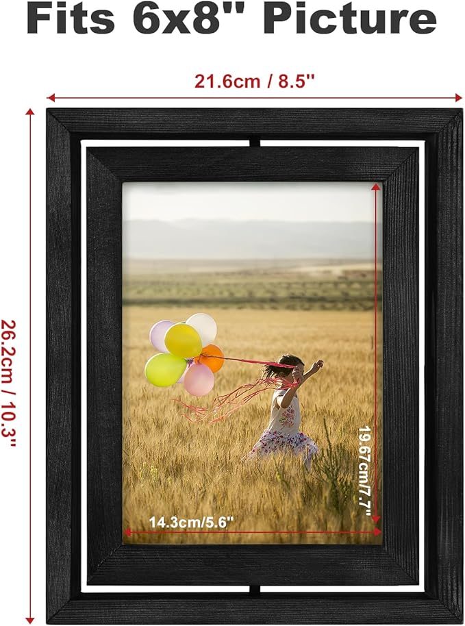 Egofine 2 Pack 6x8 Rotating Floating Picture Frames,Double-Sided Display with HD Glass Front Wooden Distressed Frame for Vertical or Horizontal Tabletop Display, Black