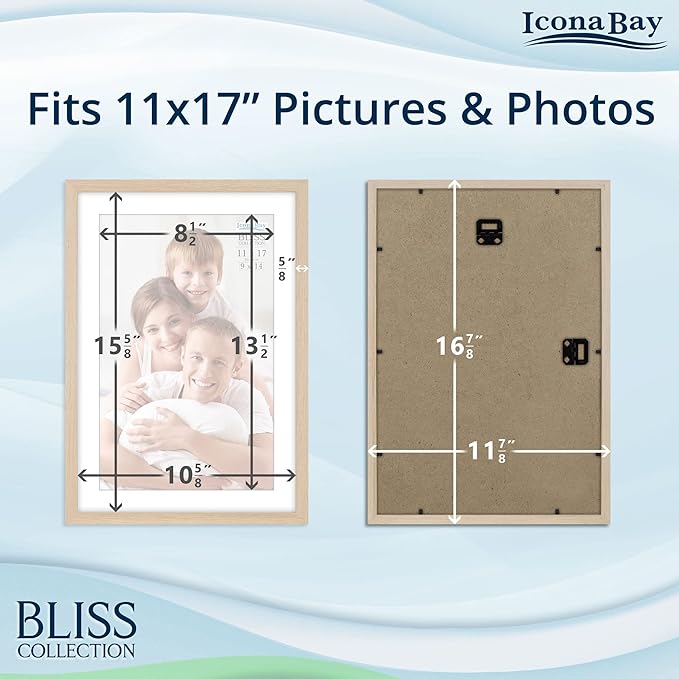 Icona Bay - 11x17 Light Oak Picture Frame Fits 10x16 Photos with Mat to 9x14 Image - Modern Style Engineered Wood Poster Frame - Wall Mount Only - Bliss Collection