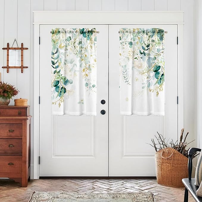 Green Eucalyptus Leaves Kitchen Curtains Elegant Wild Flower Curtains 39 Inches Sage Green Cafe Small Drapes White Floral Curtain for Bathroom RV Camper Light Filtering Rod Pocket 2 Panels