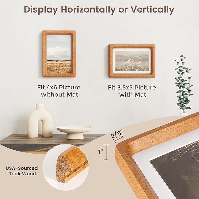 4x6 Picture Frame Set of 2, USA-Sourced Teak Wood Photo Frames with HD Tempered Glass, Handcrafted Rounded Corner 4 x 6 Wooden Frame Matted to 3.5x5 Photos, 4x6 Frames, Tabletop or Wall Display