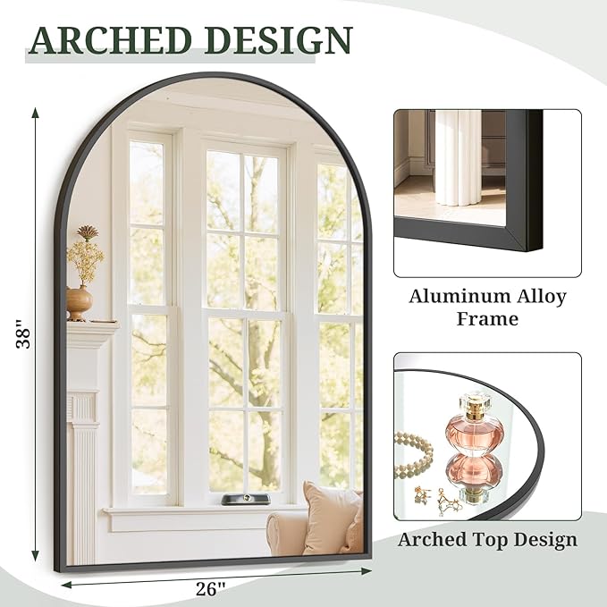 Arched Wall Mirror 36x24 Inch Black Bathroom Vanity Mirror with Metal Frame, Modern Arch Mirror for Bedroom, Living Room, Entryway, Wall Mounted Decorative Mirror