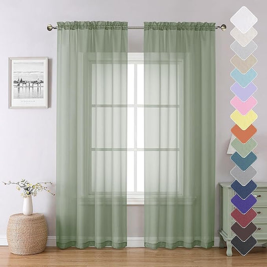 Lecloud Sage Green Sheer Curtains 84 Inches Long 2 Panels Set, Solid Voile Light Filtering Airy Window Treatments for Living Room, Elegant Bedroom Sheer Curtain Drapes, Sage Green, 40" W x 84" L