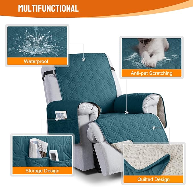 VANSOFY 100% Waterproof Recliner Chair Covers, Recliner Cover Non-Slip Dog Chair Cover Furniture Protector Washable Slipcover with Pocket, Elastic Straps for Pets, Dogs(Peacock Blue, 23.6")