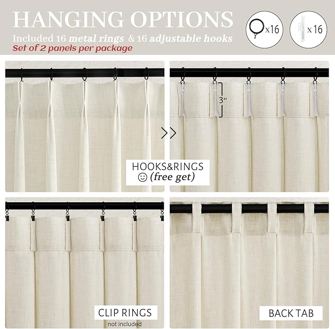 PleatedDrapes Cream Linen Farmhouse 120 Inch Curtains for Living Room, Extra Long Pleat Sheer Light Filtering Curtain with Ceiling Track Privacy Thick Large Window Drapes for Sliding Door 2 Panels Set