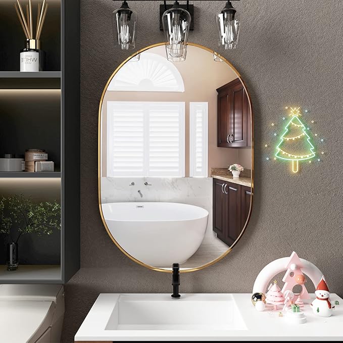 Oval Bathroom Mirror Capsule Wall Vanity Mirror, 24"x36" Pill Mirrors Wall Mounted Mirror, Large Modern Mirror with Gold Metal Frame, Decor for Entryway, Bedroom