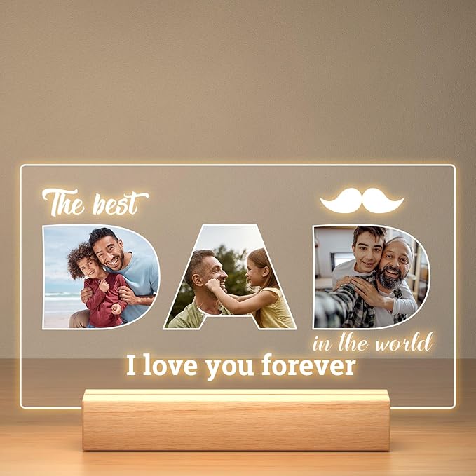 Personalized Gifts for Dad, Custom Picture Frames with Photo, Personalized Photo Frame with Night Light, Customized Birthday Gifts for Dad