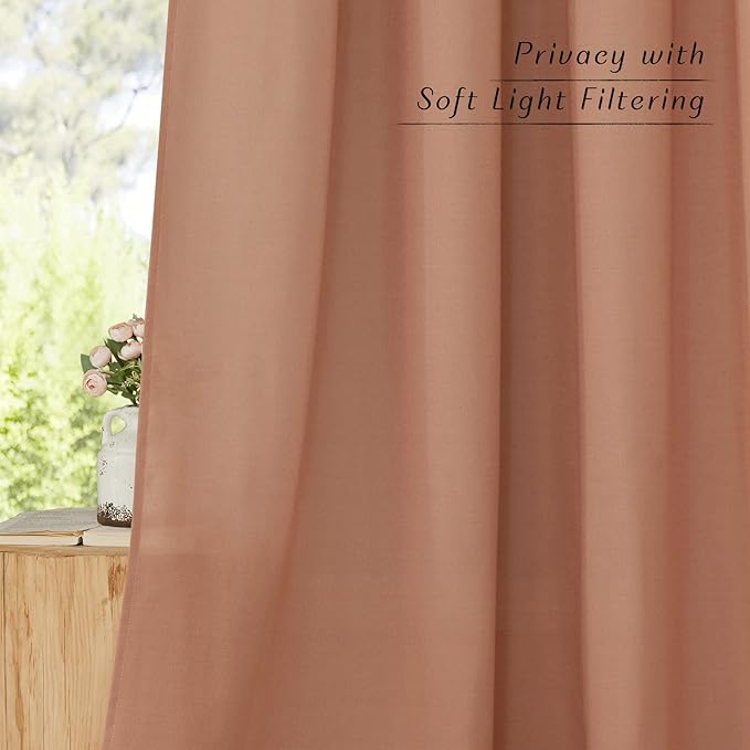 NICETOWN Linen Curtains for Windows 90 inch Long, Grommet Semi Sheer Vertical Drapes Privacy Added with Light Filtering for Doorway/Living Room, Terracotta, W42 x L90, 2 Pieces