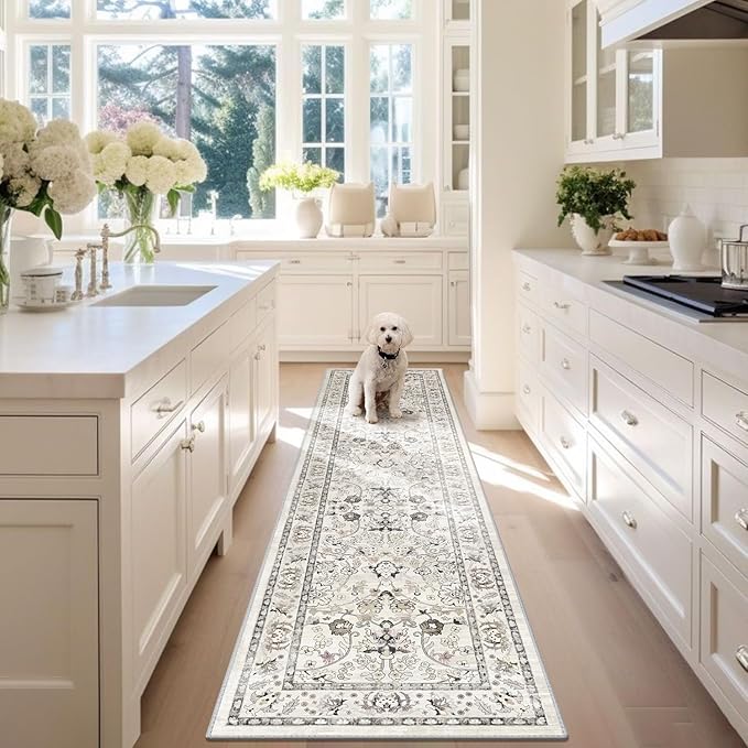 LOKHOM Washable Runner Rug, 2x8 Non-Slip Vintage Hallway Runner Rug with Rubber Backing, Boho Floral Soft Faux Wool Kitchen Rug Carpet Runner for Laundry Entryway Bedroom (Cream White)