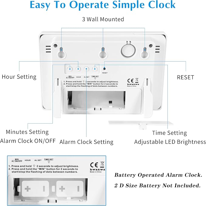 KWANWA Large Digital Alarm Clock, 3" LED Display Battery Operated, Dimmable Auto Night Mode, Easy to Read for Seniors Visually Impaired, Cordless Wall Clock or Table Clock for Bedroom Kitchen RV - Image 3