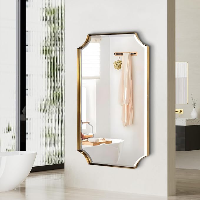 POZINO Rectangle Beveled Mirror, 24"x40" Brushed Gold Bathroom Vanity Mirrors with Stainless Steel Frame, Modern Aesthetic Wall Mirror for Hallway Entryway Living Room, Horizontal or Vertical Hanging