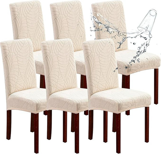 Genina 100% Waterproof Chair Covers for Dining Room Set of 6, Large Dining Room Chair Covers Protectors Stretch Kitchen Parson Chair Slipcovers for Home, Restaurant (Large, Leaves-Beige)